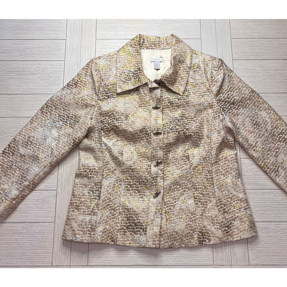Chicos lined gold cream silk blazer jacket pockets gold barrel buttons Sz S boho